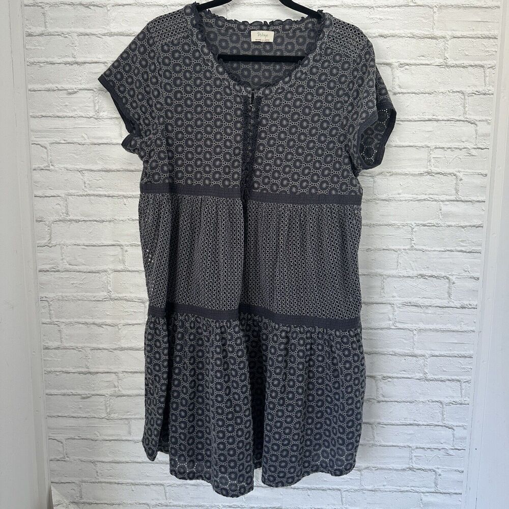 Wrap Designed In London Eyelet Dress Lagenlook Cottagecore 100% Cotton Blue/Gray